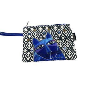 Laurel Burch Blue Cat Geometric Print Travel Cosmetic Bag Wristlet